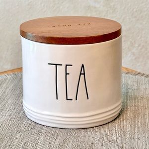 Rae Dunn TEA Ceramic Cellar Canister with Wood Lid BRAND NEW!!
